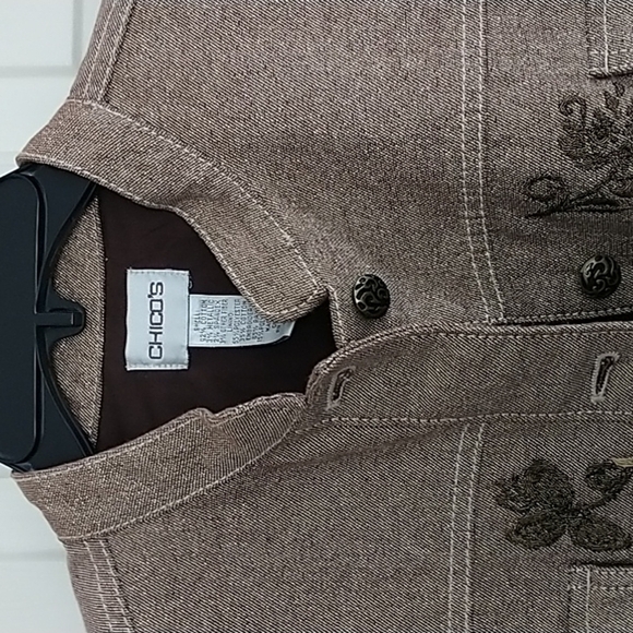 Chico's Gold/Brown Denim Jacket with Embroidery Sz Chico's 1 (Sz 8 or small) - Picture 3 of 14